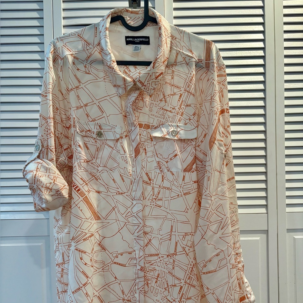 Karl Lagerfeld White and Orange Map Print Button-Up Shirt